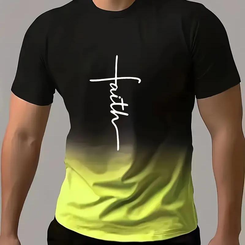 2024 Summer New 3D Printed Men's Round Neck T-shirt Explosive Simple Gradient Color Letter Series