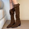 Retro Fold Two Wear Tall Pile Boots Belt Buckle Thick Heel Western Knight Boots Women's High Heel But Knee Boots