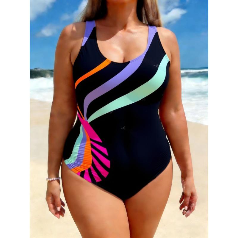 Women's Black Orange Color Block Sporty One-Piece Swimsuit