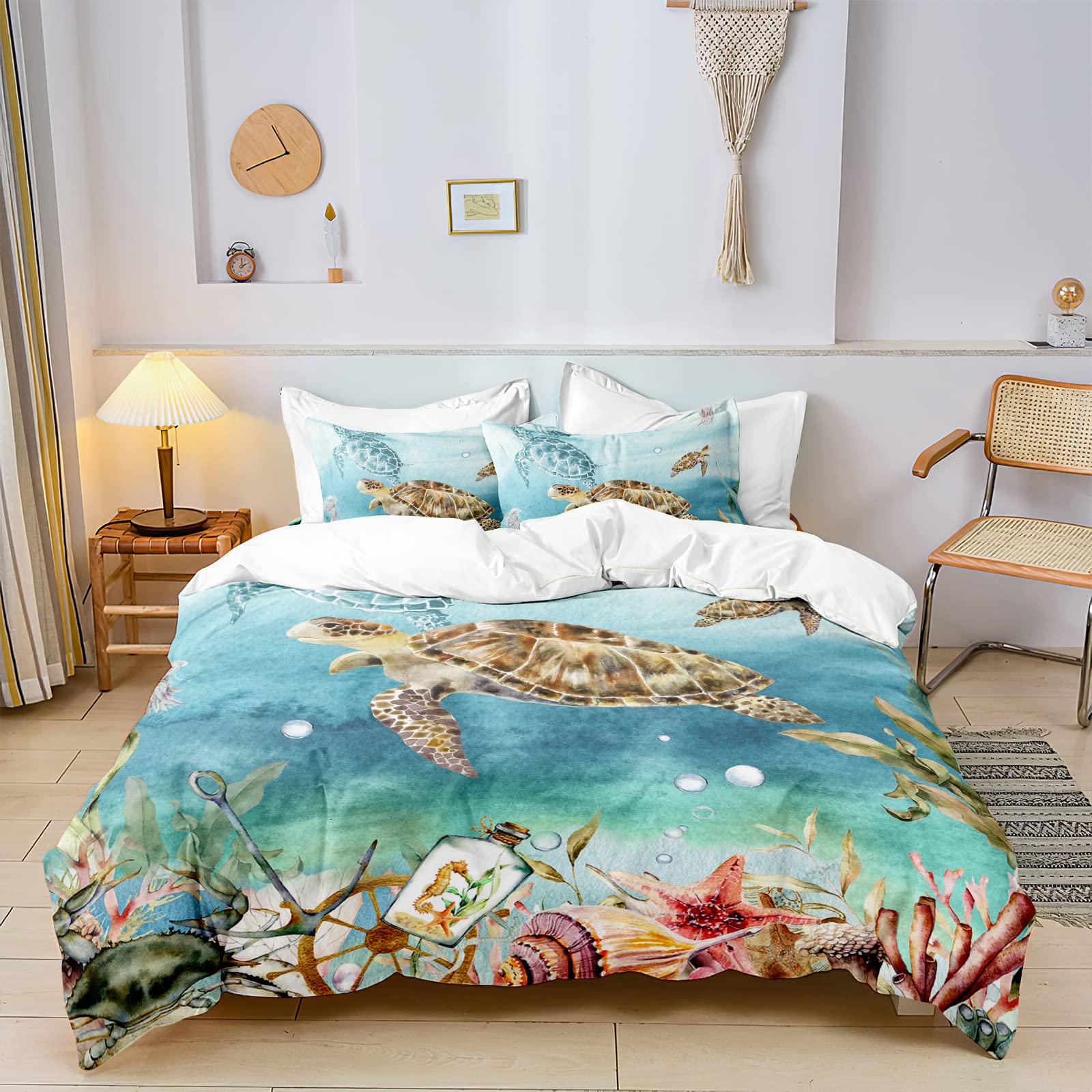 

Nautical Anchor Sea Turtle Bedding Set Full Size 3 Pcs Kids Teens Room Decor Underwater Starfish Print EU single(135x200cm)