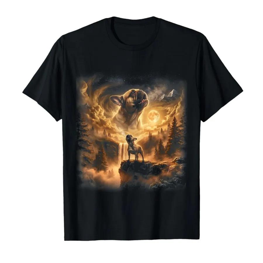 Bulldog Howling At The Moon Moonlight Fantasy Dog Graphic Tshirt For Men Women 100 Cotton T Shirts Short Sleeve Tops 04031