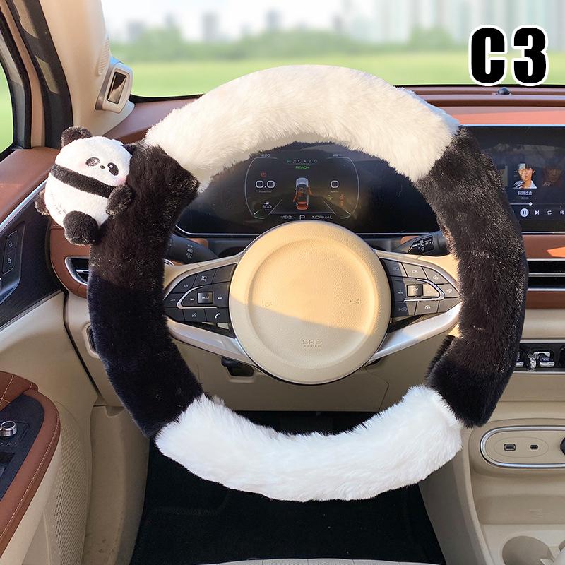 Winter Plush Women's Car Steering Wheel Cover Heated Warm Anti Slip Cute Cartoon Car Handle Cover Universal Car Accessories