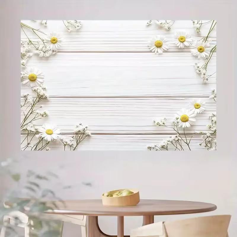 2D Daisy Wood Board Backdrop - White Floral Photography Background Banner