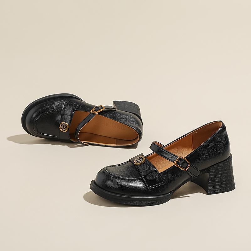 Camellia Retro Thick Heel Mary Jane Women's 2025 Spring and Summer New Light Mouth High Heel One Word with Small Leather Shoes Single Shoes