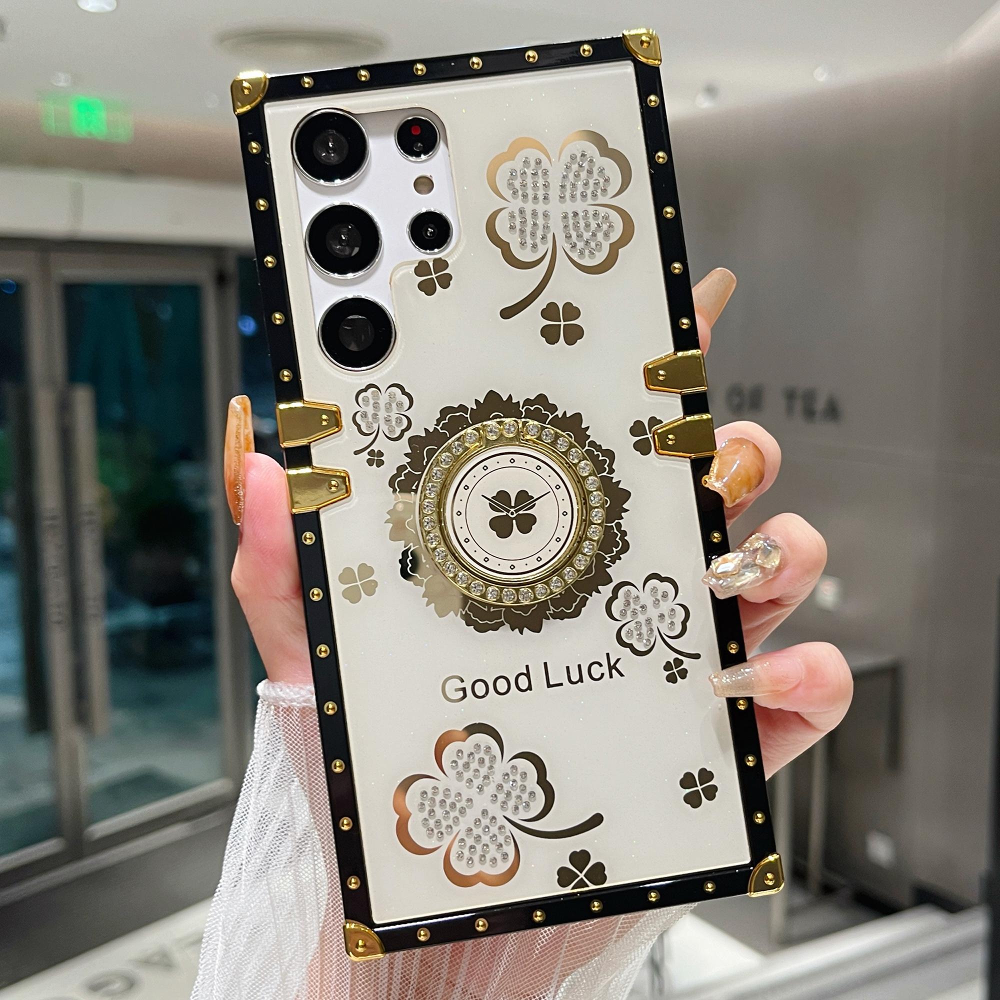 

For Samsung Galaxy S25 Ultra Case with Kickstand Four Leaf Clover Pattern Electroplating TPU+PC Phone Cover White