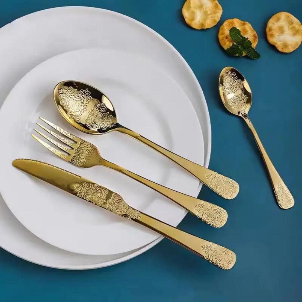 Stainless Steel Cutlery Set Unique Floral Engravings High-end Steak Knife, Fork, Dessert Spoon, Suitable for Banquets Parties
