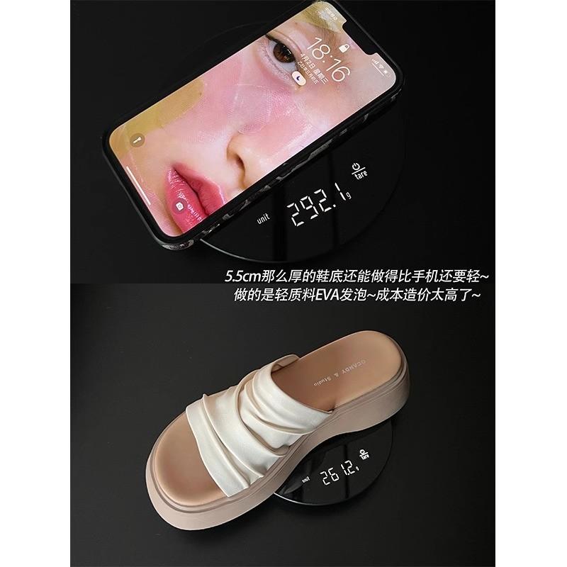 Wrinkled leather thick-soled one-word slippers women's 2025 summer new versatile casual outer wear muffin sole heightening sandals