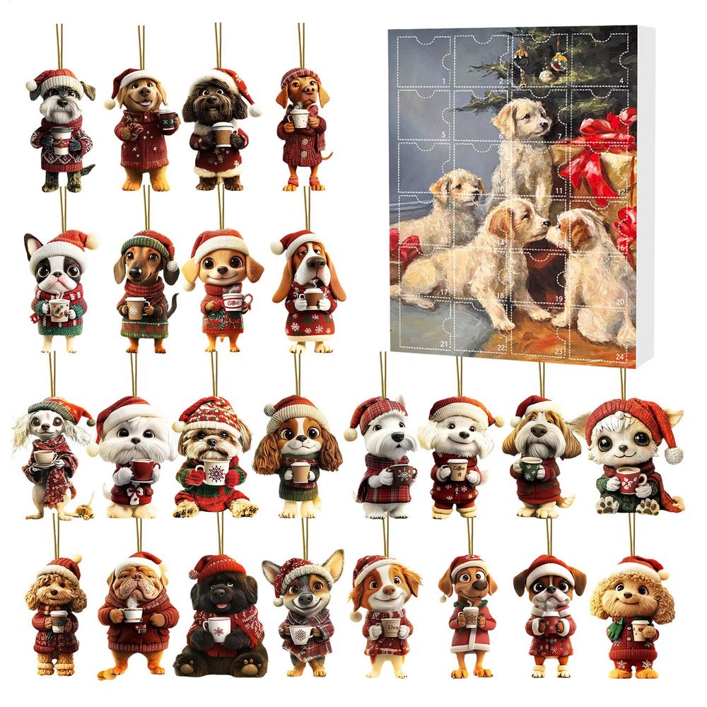 Hund Weihnachts-Countdown-Kalender 24 Tage Acryl-Ornamente Hund Kaffee trinkend Anhänger Adventskalender Haustierliebhaber Geschenk Weihnachtsdeko