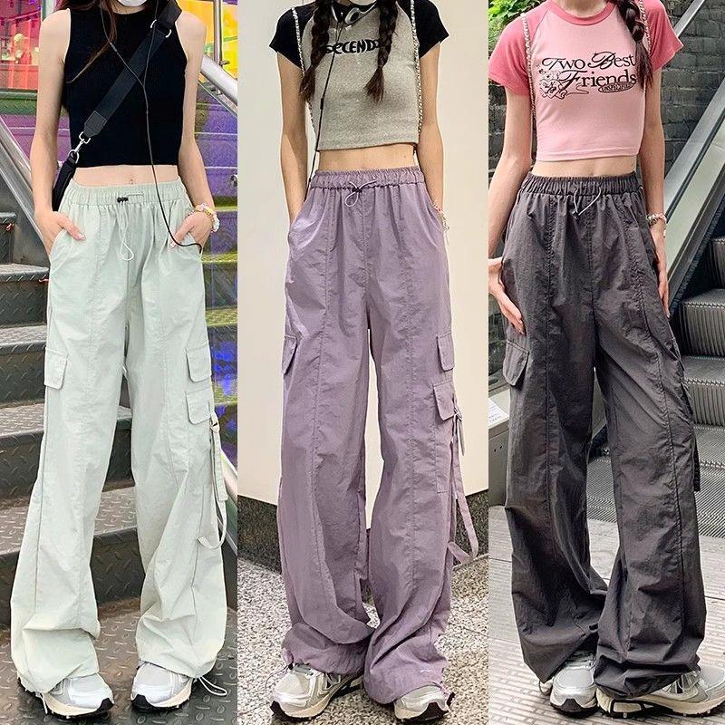 Retro Purple High-Waisted Straight-Leg Cargo Pants - Spring Loose-Fit Sport Wide-Leg Style