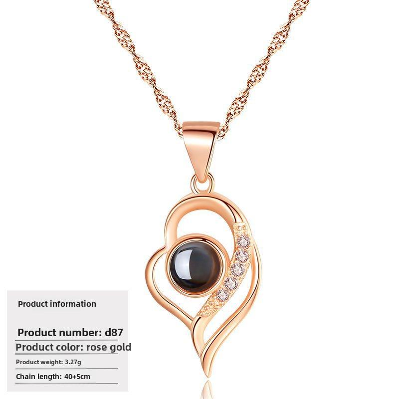 S925 Silver Peach Heart Projection Necklace 'I Love You' in 100 Languages