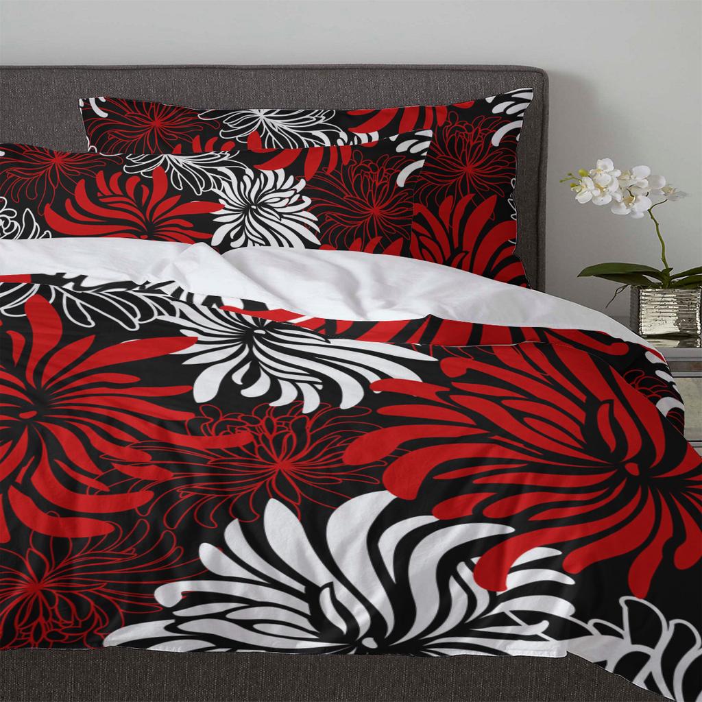 Red Black White Flower Chrysanthemum Duvet Cover With Pillow Case Custom 3Pcs Bedding Set Quilt Cover Double Bed Home Textile