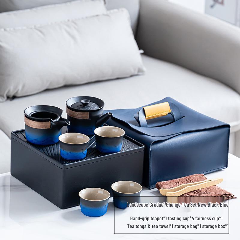 Elegant Portable Ceramic Tea Set with Wooden Tray: 1 Teapot & 4 Cups for Outdoor Adventures