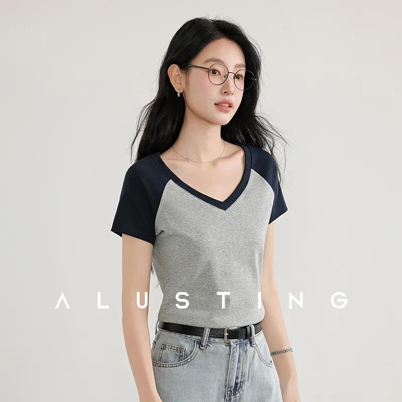 

Women s Gray and Navy Blue Color Block V-Neck T-Shirt Casual Slim Fit Short-Sleeve Top M серый