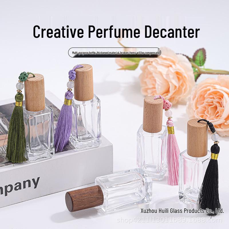 20ml Glass Square Perfume Bottle with 13mm Spray Cap, Small Portable Rollerball Decanter Beechwood Cap, No Tassel, Transparent Spray, Glass