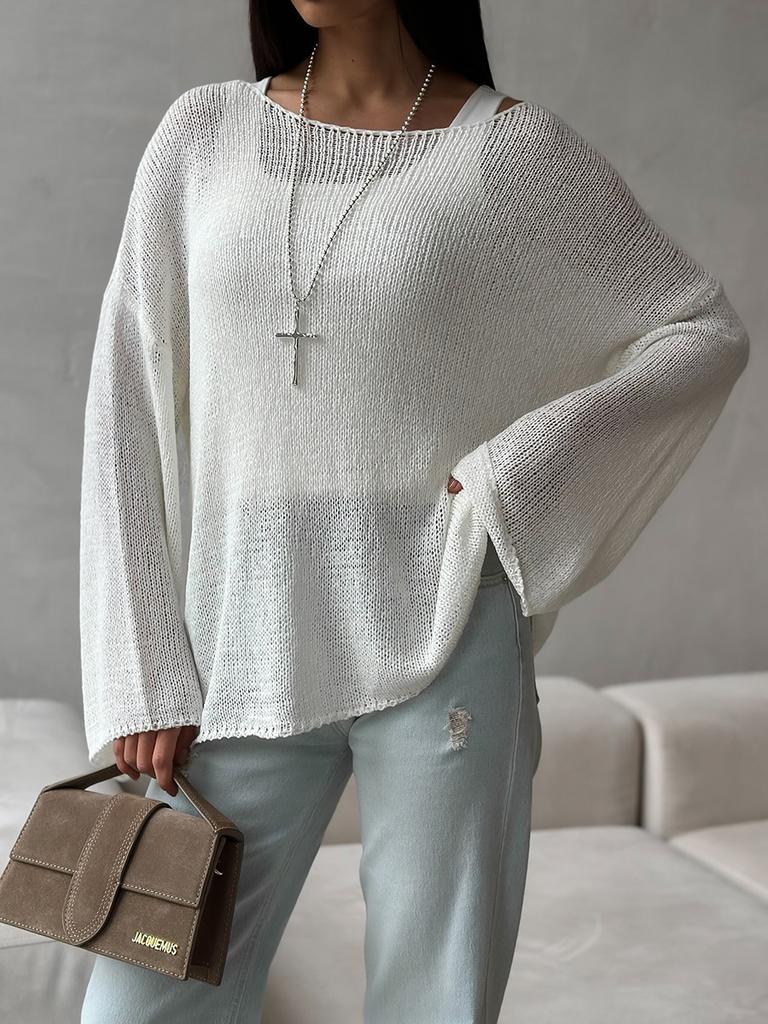 Simple Long Sleeved Cotton Knit Sweater Spring Summer Women Solid Color Elastic Loose Casual Tops
