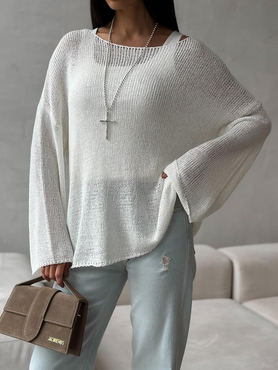 Simple Long Sleeved Cotton Knit Sweater Spring Summer Women Solid Color Elastic Loose Casual Tops S