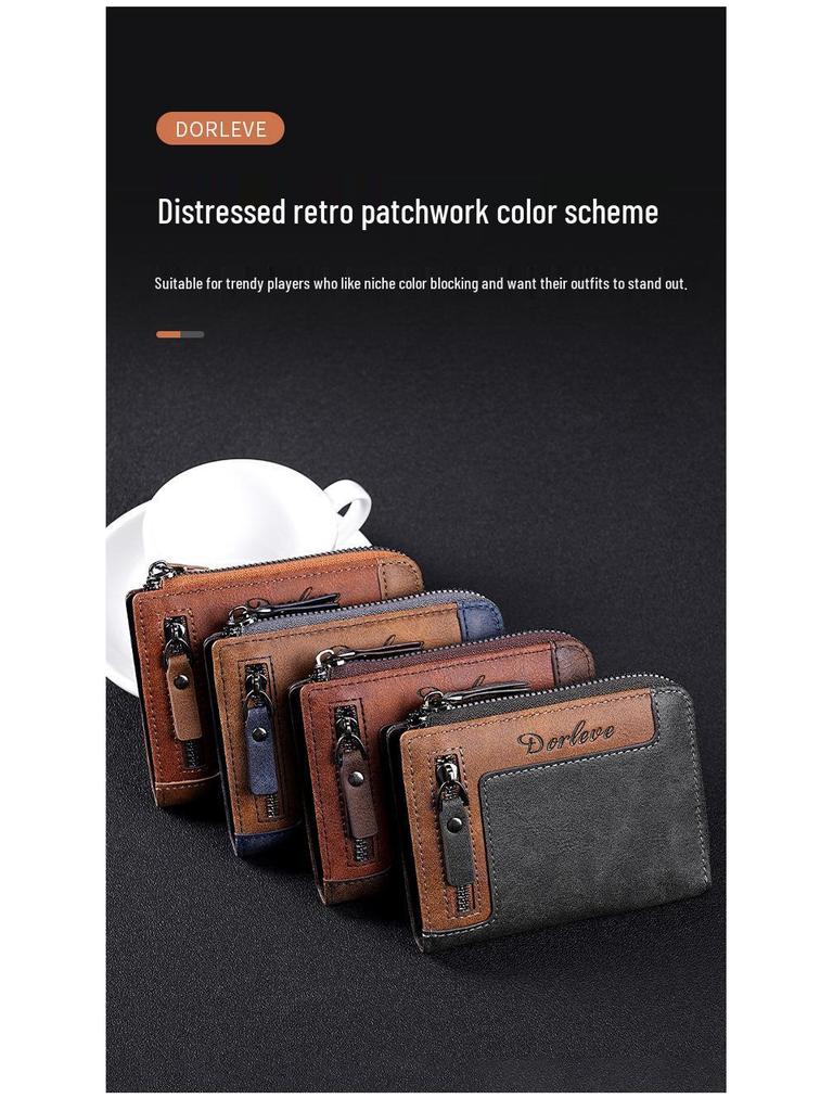 Retro Men's Color Block Leather Wallet with Zipper – Multi-functional Card Holder with Multiple Slots