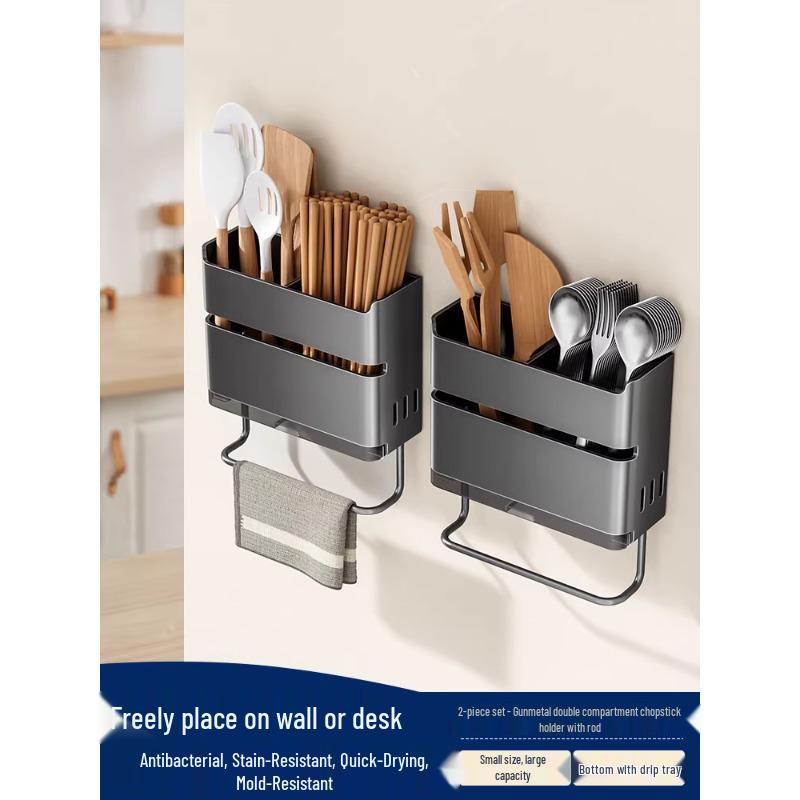 Wall-Mounted Kitchen Chopsticks & Utensil Holder with Draining Basket and Rag Rack