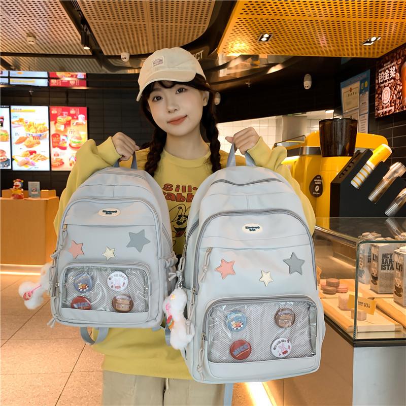 Ins Transparent Badge Casual Backpack Large Capacity Versatile College Style Middle School Student Schoolbag, Cute Commuter Backpack
