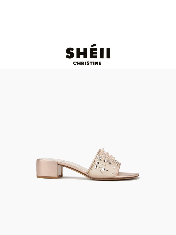 

Sheepskin version~ Su Yinyin s same crystal mop~ mesh rhinestone thick heel slippers women s sandals dinner wear summer 34