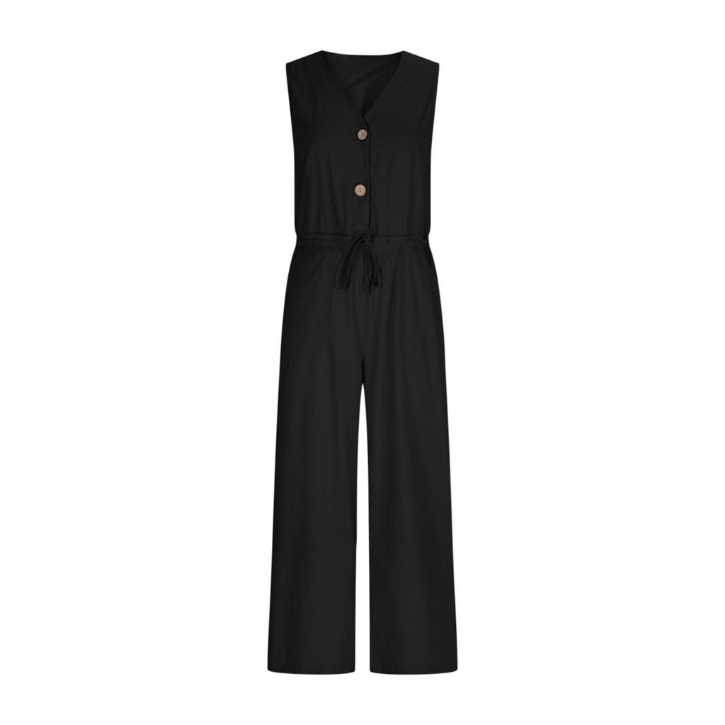 Women Button Down Sleeveless Rompers Wide Legs Cotton Linen Rompers With Pocket