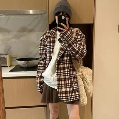 New Winter Thickened Retro Plaid Wool Jacket for Women's Temperament Tweed Suit Coat Loose Versatile Elegant Cardigan