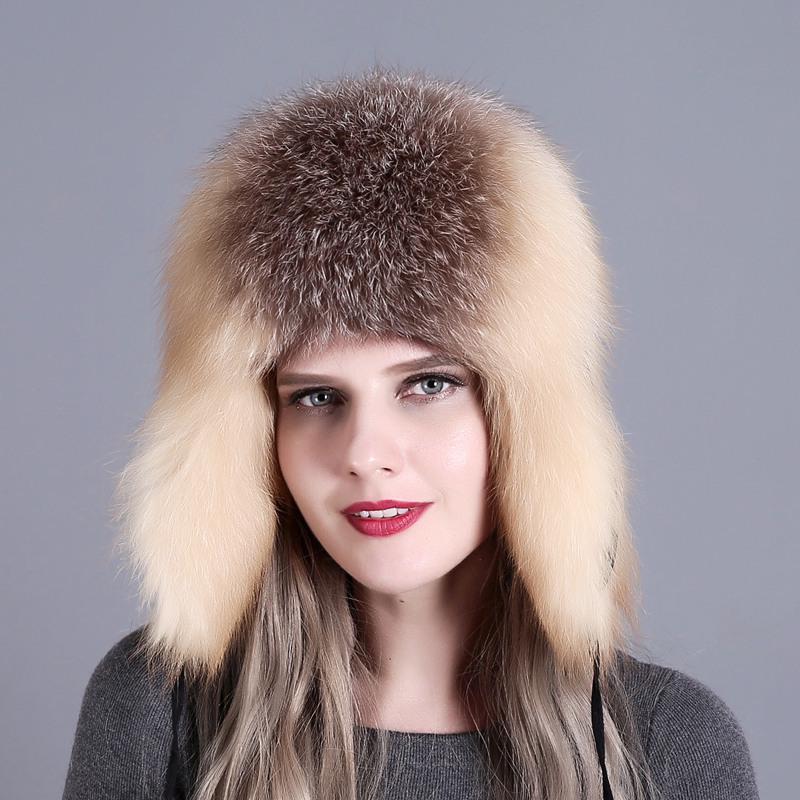 100% Real Fox Fur Hat Women's Russia Pilot Catcher Ski Cap Cap Ear flap winter raccoon fur pilot cap