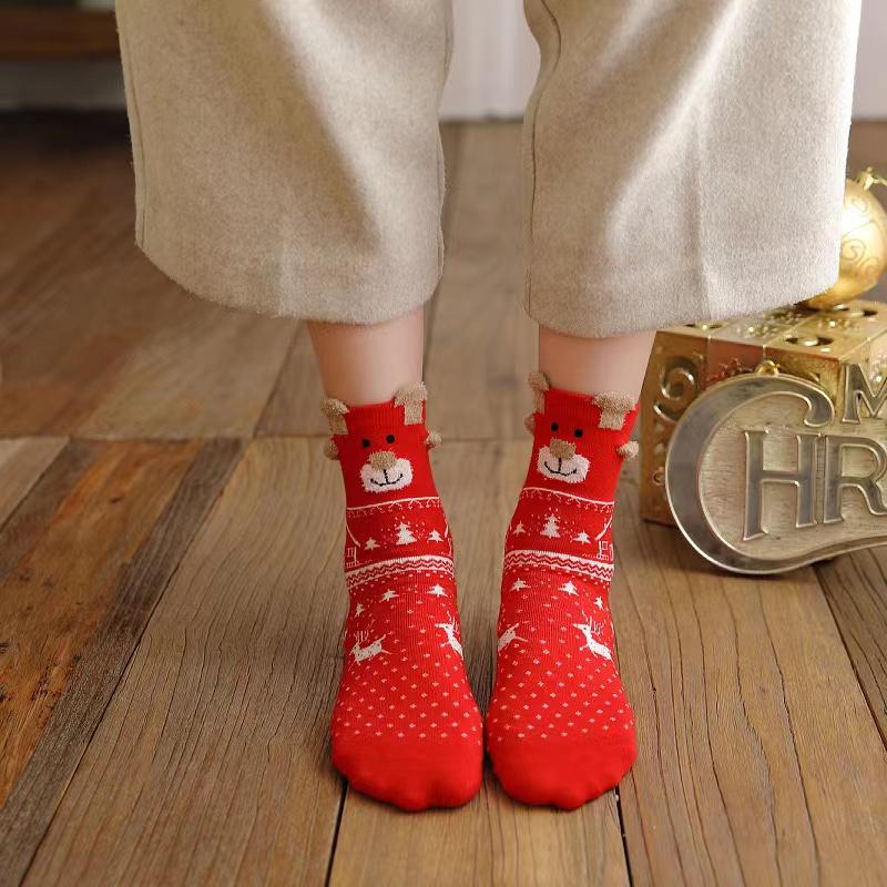 3 Pairs/Set Women Christmas Socks Cute Santa Claus Autumn Winter Elk Female Mid-Calf Socks Festival Kawaii Merry Christmas Sock