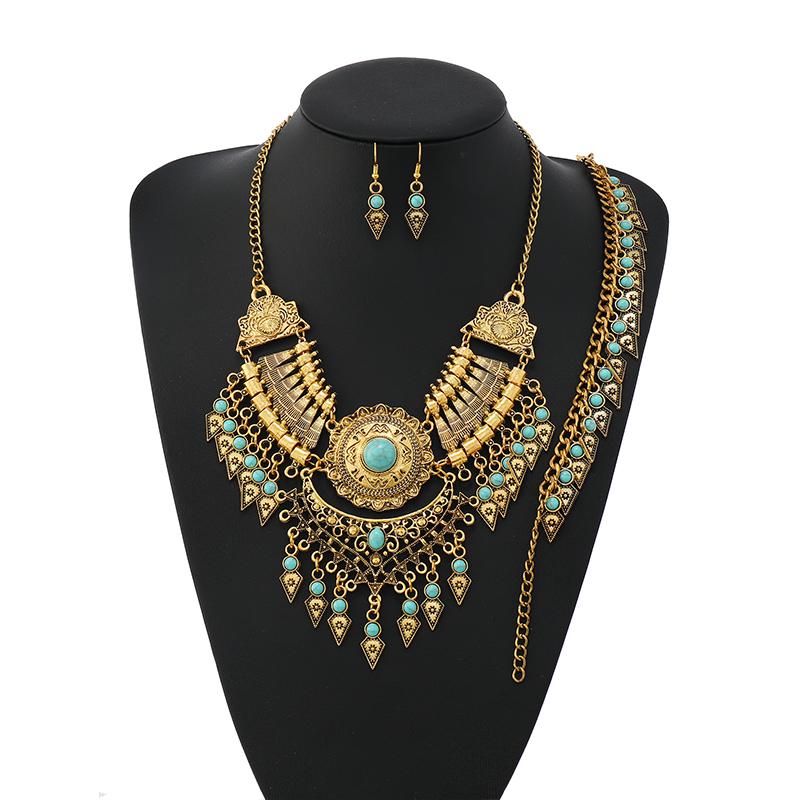 New 3-Piece Set Ethnic Retro Tassel Jewelry Set Sweater Chain Collar Chain Necklace Earrings Bracelet for Women