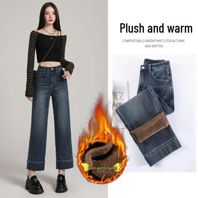 High-Waisted Retro Blue Denim Straight-Leg Pants with Velvet and Leather Patch Details Extra Large