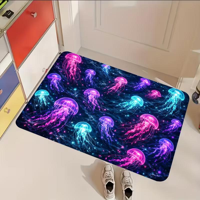 Neon Glowing Jellyfish Deep Sea Print Doormat Anti Slip Floor Mat Fantasy Ocean Style Front Door Mat Indoor Entryway Rug