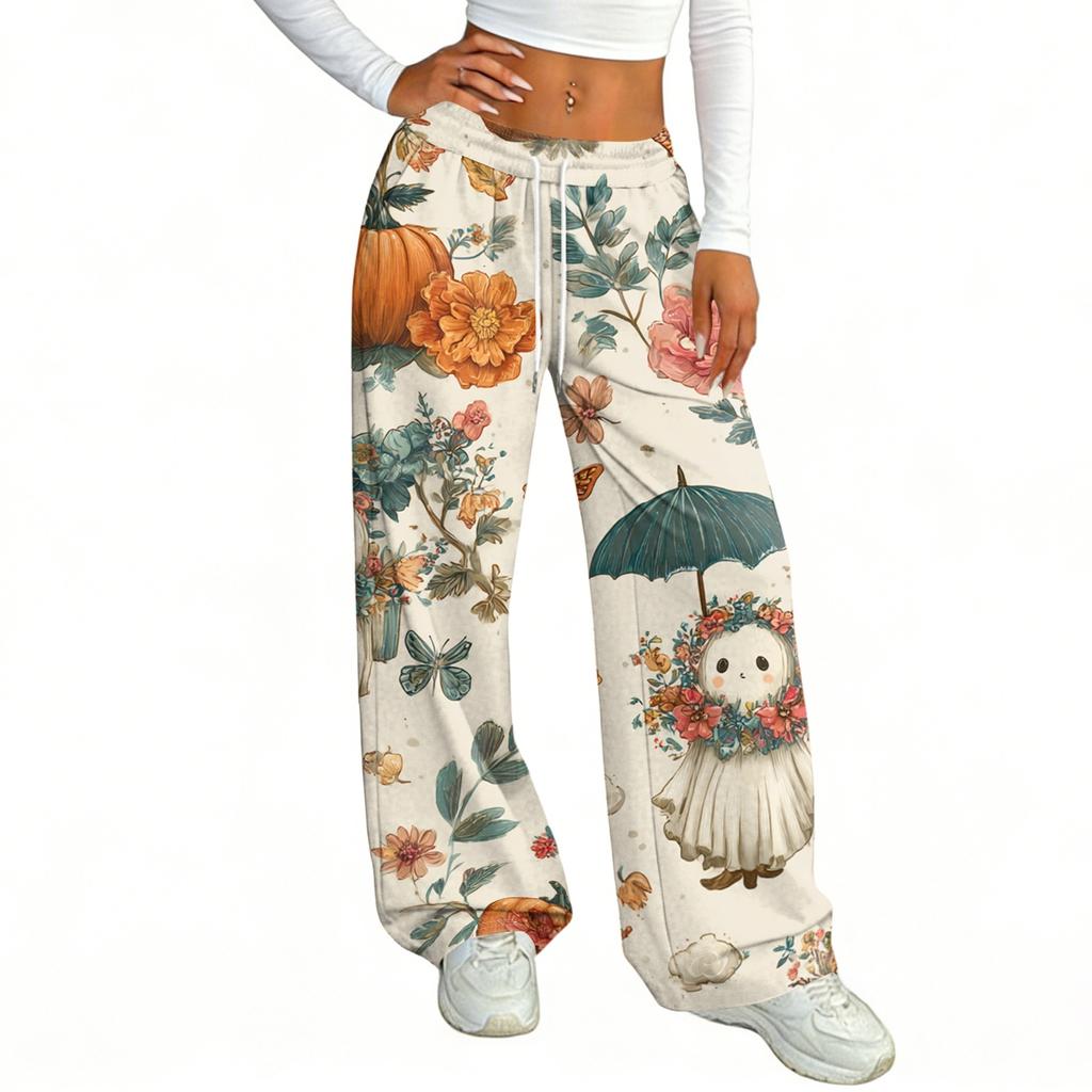 Damen Casual Halloween Print Weite Hosen mit elastischem Bund und Kordelzug für lockere Passform