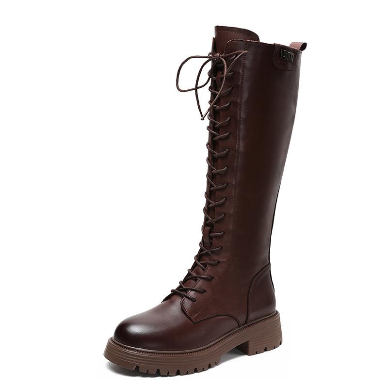 [Pantof întreg din piele] Cizme din piele de vacă de prim strat pentru femei toamnă și iarnă 2025 cizme de cavaler din piele cu șireturi și catifea