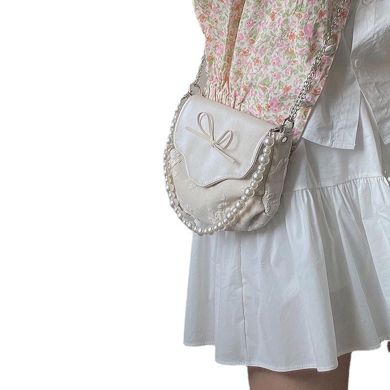 Niche Design Pearl Jacquard Chain Bag New Girl Bow Handbag Women Single Shoulder Slanted Straddle Women Bag