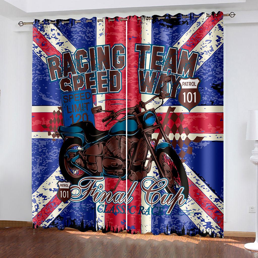Motorcycle Illustration Printing Curtains Two Independent Curtains On The Left and Right Side Blackout Curtains for Bedrooms