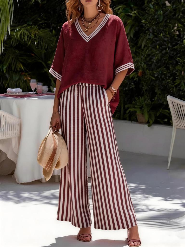 New Arrival Women's Casual Striped Comfortable Loose V-Neck Two Piece Set