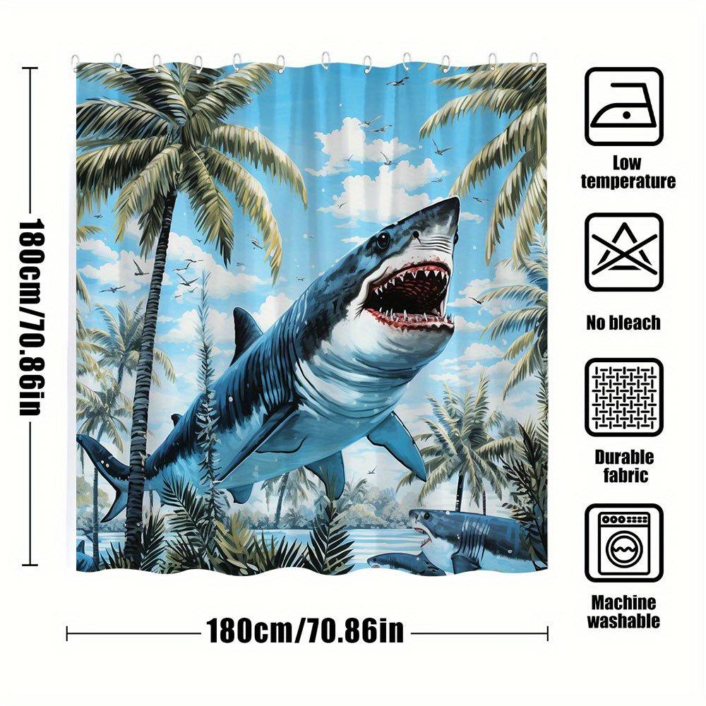1 Stück Haiangriff Duschvorhang - Tropische Palme & Weißer Hai Design, Blaue Himmels- & Ruhige See Szene, 180X180CM