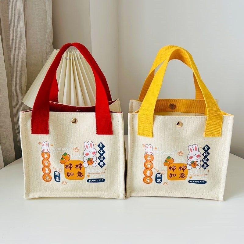 Cute Canvas Handbag Cartoon Small Bucket Bag Clutch Purse Bento Bag Office Worker Handbag Women Girls
