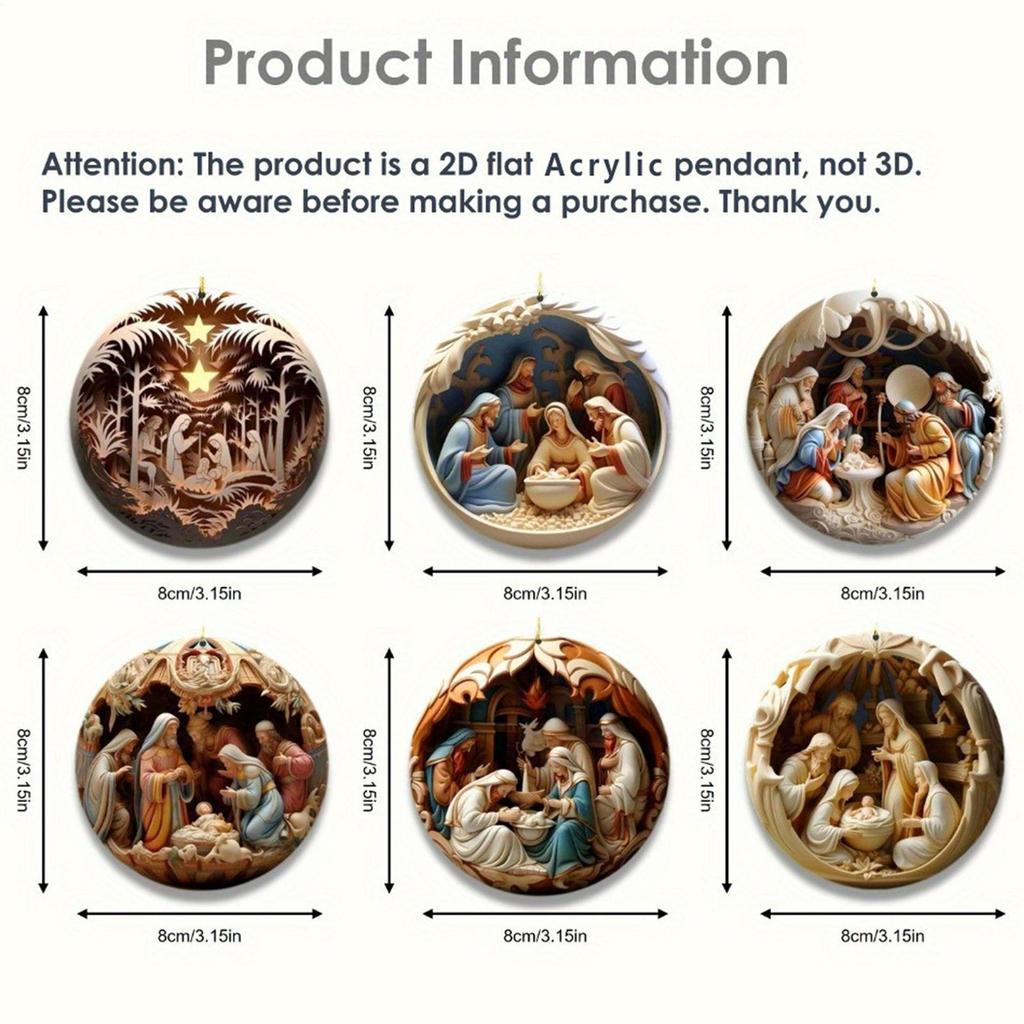 12pcs Christmas Tree Wooden Ornament Wood Nativity Scene Pendant Decor 2D Painted Christmas Tree Nativity Ornament