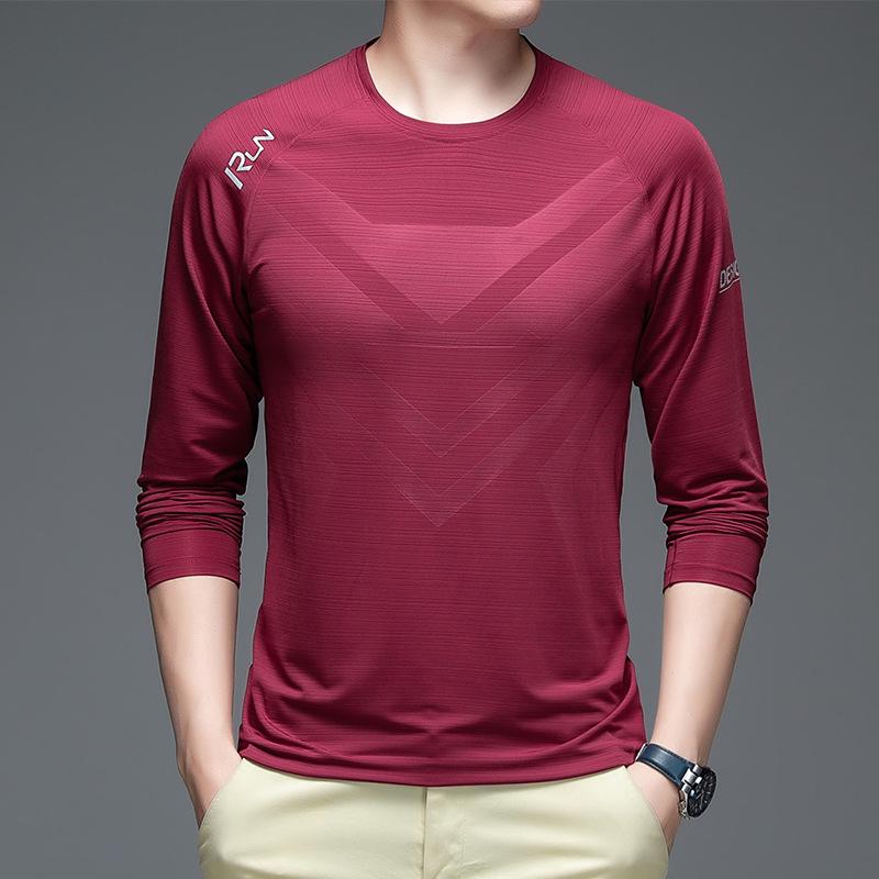 

Мужская футболка для фитнеса с длинным рукавом из ледяного шелка - Весна/Лето, Тонкая, Эластичная, Для занятий спортом на открытом воздухе, Деловой стиль XL малиновый
