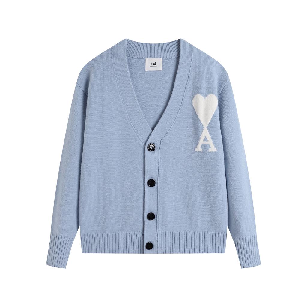 AMI 2025 Classic Couple's Embroidered White Heart Cardigan Wool Sweater