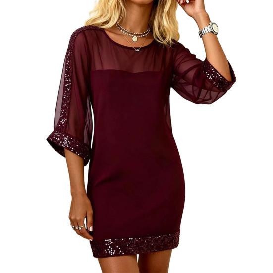 Women s 46085 Sleeve Mesh Wedding Sparkly Sequins Mini Guest Dress Bodycon Dress Cocktail Party Formal Dress S вино красного