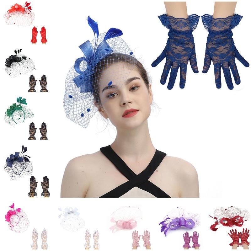 Oberoende Förpackning Spetshandskar Och Vintage Slöja Pannband Set För Bröllop Rese Souvenirer Personal Förmåner Ha5082 Set