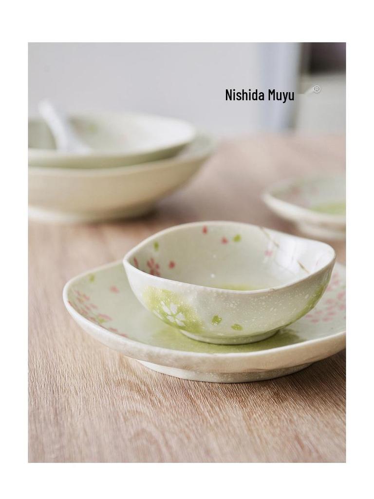Cherry Blossom Ceramic Bowl & Plate Set: Includes Rice Bowl, Soup Bowl, Large Plate, Dish Plate, and Large Noodle Bowl - Japanese Imported.