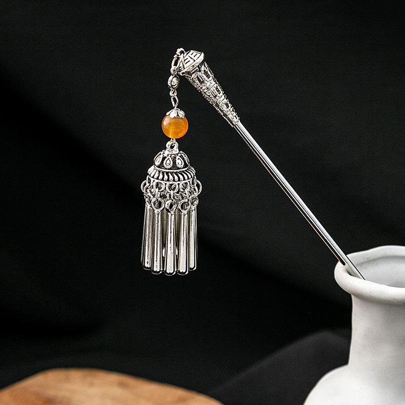 New Chinese Style National Tide Hairpin Minority Wind Hanfu Court Shaking Turquoise Hollow Flowers Tassel Hairpin