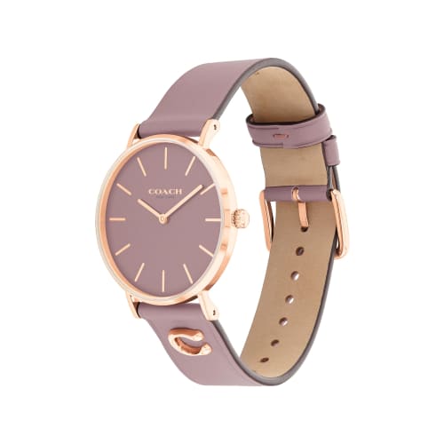 Officially Licensed COACH Women's Perry Watch 14503924, 36mm Rose Gold Case with Purple SIG C Embellishing Dial and Leather Strap