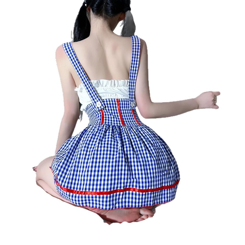 Seductive Blue Plaid Lace Maid Suspender Costume