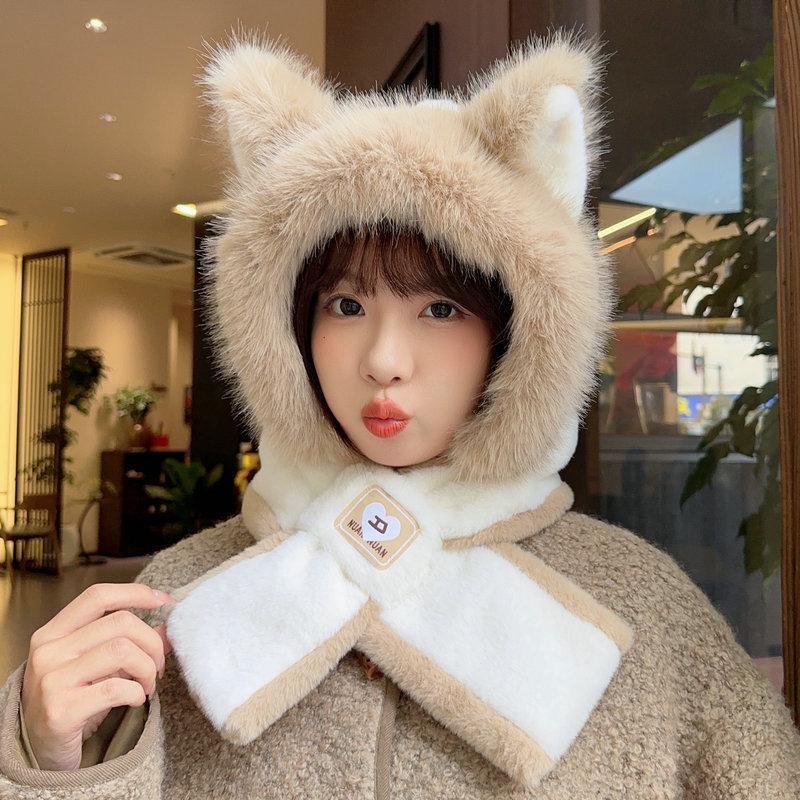 Women's Autumn & Winter Plush Red Hat and Scarf with Cute Fox Ears - Warm Neck Warmer for Cycling