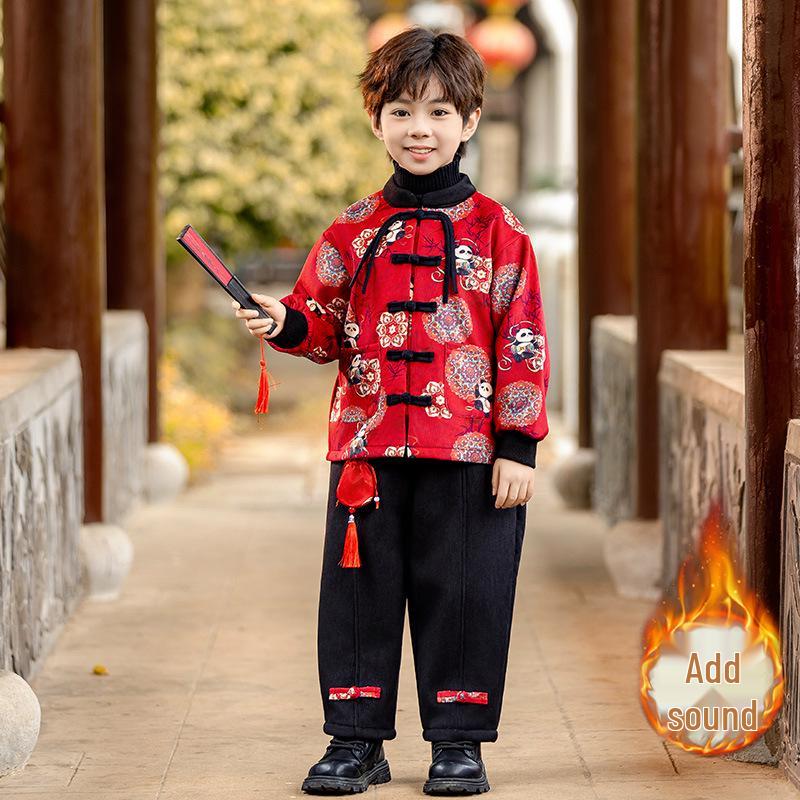 Boys  Plus Velvet Hanfu & Girls  Tang Suit Set - Children s Chinese Style Autumn/Winter Ancient Costume for Performances & New Year Celebrations. 90