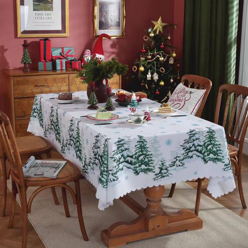 Festive Holiday Tablecloth Waterproof Polyester Embossed Rectangle Christmas Party Dining Cover with Lace